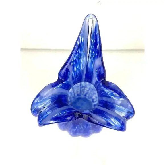 VTG Blue Murano Glass Vase Spotted Ribbed Vase 8.5" Tall Three Petal Floral MCM - Picture 5 of 11